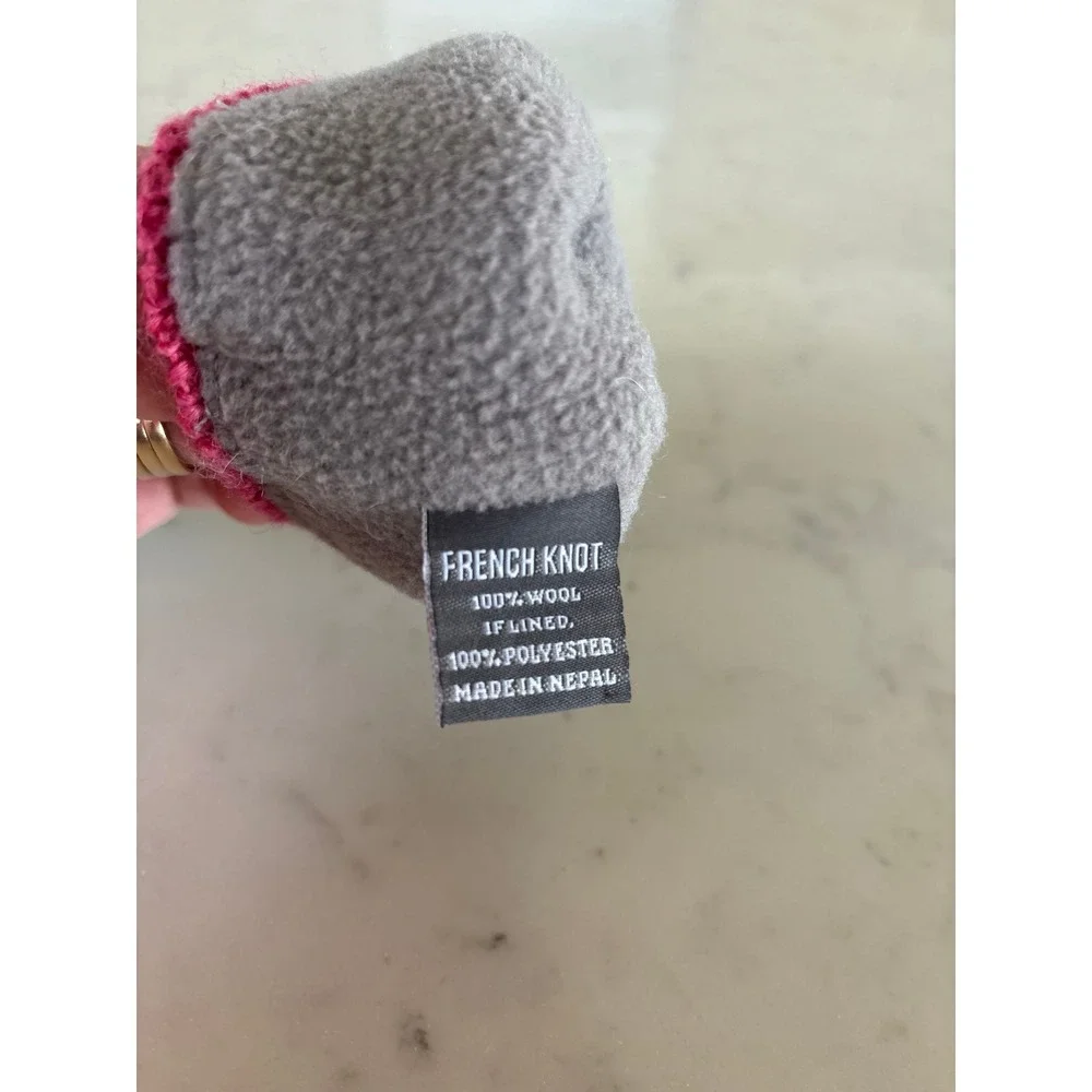 French Knot Wool Mittens Fleece Lined Fair Isle Snowflake Mustard Pink Nepal